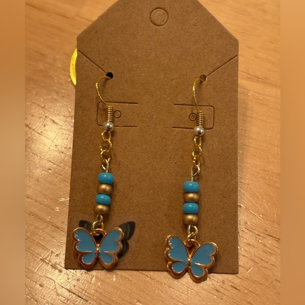 Gold-Tone Blue Butterfly Bead Dangle Earrings